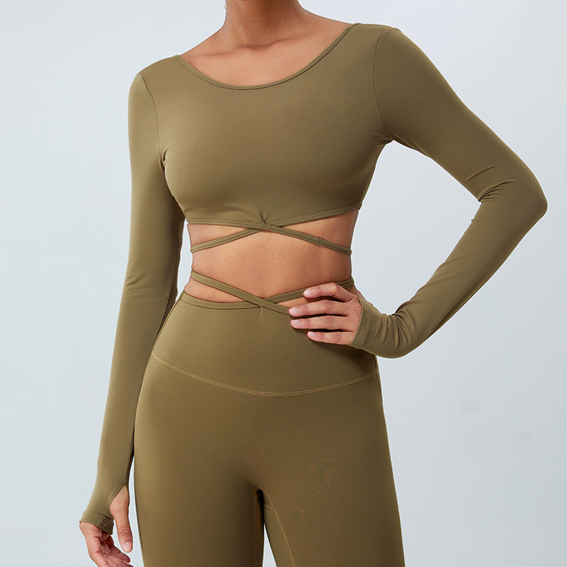 Primavera nueva ropa de yoga de manga larga cruzada de banda fina para mujer corriendo transpirable de secado rápido camiseta deportiva top ropa de fitness