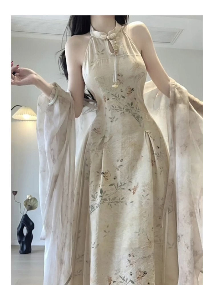 New Chinese Style National Style Suit for Women, Retro Improved Cheongsam Skirt, Young Style Halterneck Dress, Sleeveless Long Skirt