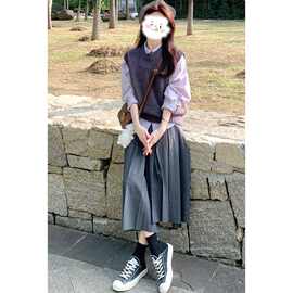 早春穿搭一整套女学院风气质百搭衬衫马甲中长款百褶半身裙三件套