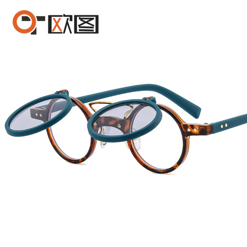 T307 Otu new round frame punk double-layer flip sunglasses for men and women, motorcycle trendy and personalized foreign trade sunglasses