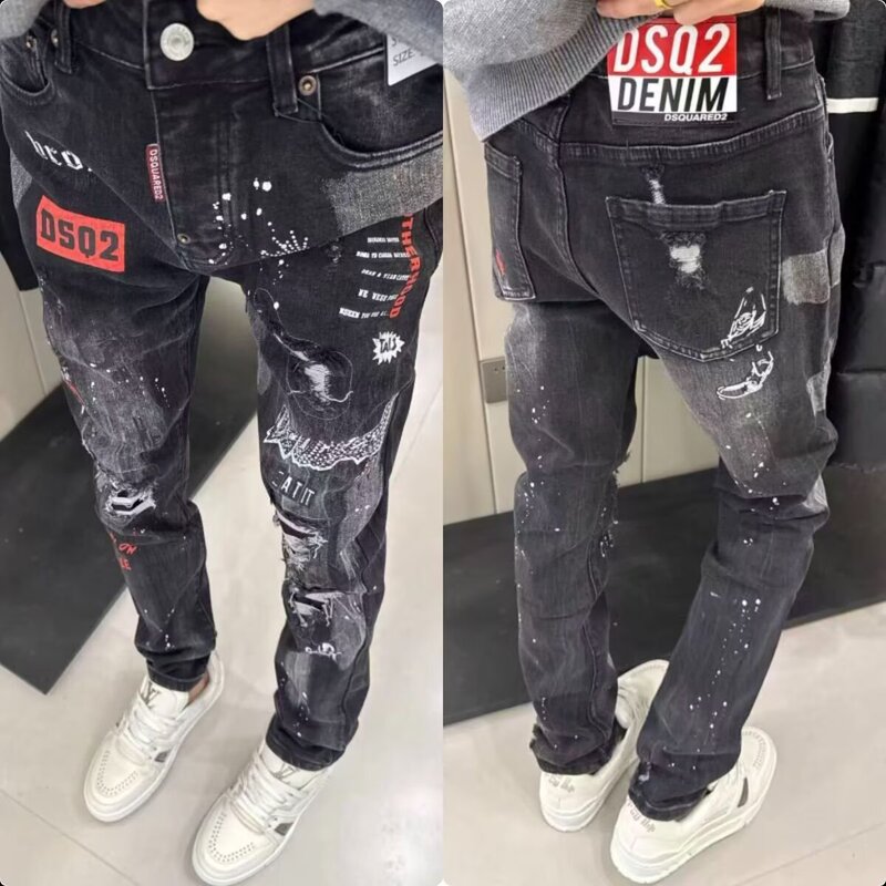 Autumn Embroidered Jeans for Men, Slim Fit, Stretchy, Printed, Trendy, Personalized Embroidery, Fashion Brand, Autumn and Winter Style Autumn Embroidered Jeans for Men, Slim Fit, Stretchy, Printed, Trendy, Personalized Embroidery, Fashion Brand, Autumn and Winter Style