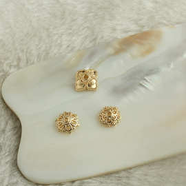 14k包金保色镂空六瓣花形花托 diy手工饰品配件 六芒星花帽方形托