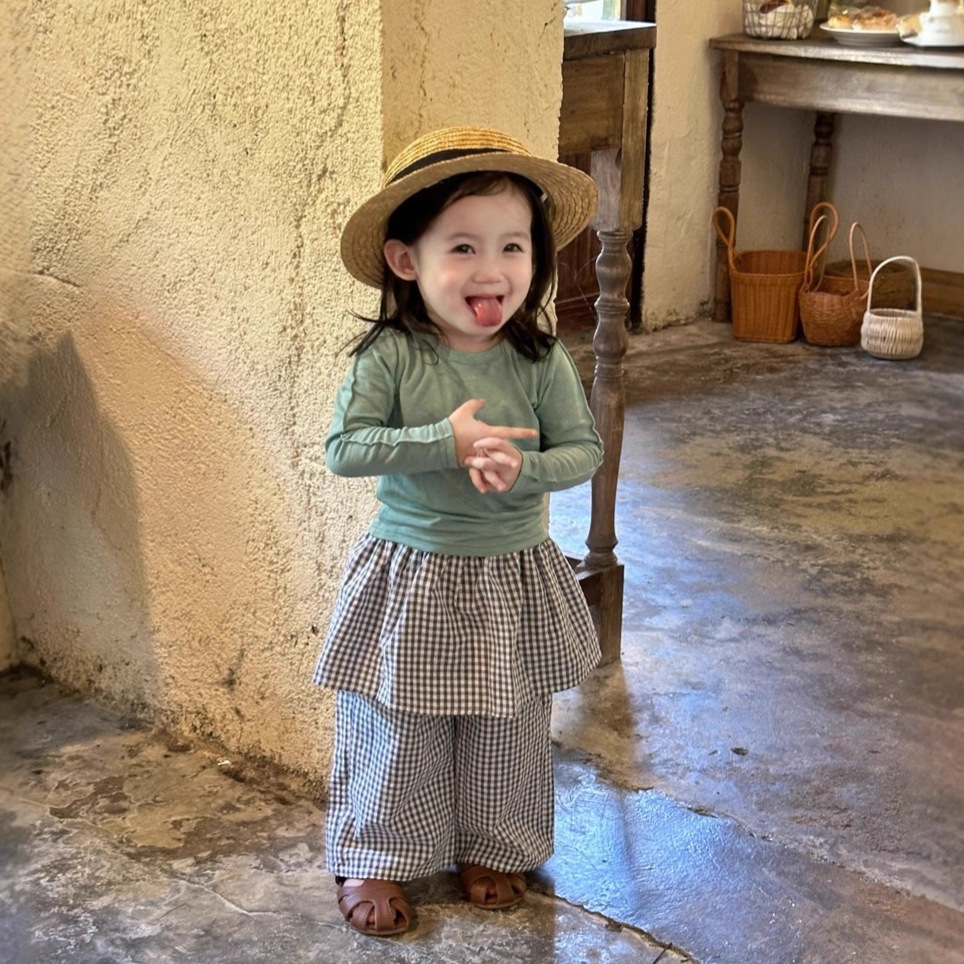 Infant Suit 2025 Autum New Baby Girl Long-Sleeved T-Shirt Kidsren's Plaid Apron Casual Pants Two-Piece Set