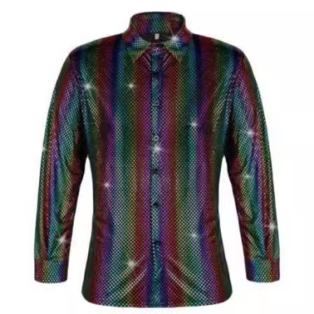2023 New Men's Disco Costume Dot Bronzing Laser Print Long Sleeve Button-Up Shirt
