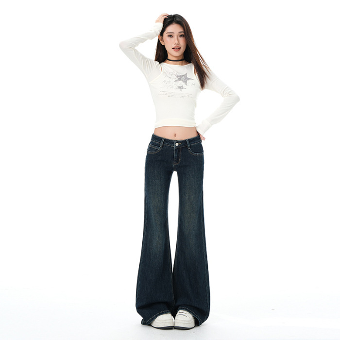 复古蓝低腰微喇叭牛仔裤女2025年秋季新款弹力直筒不贴腿喇叭裤子|undefined