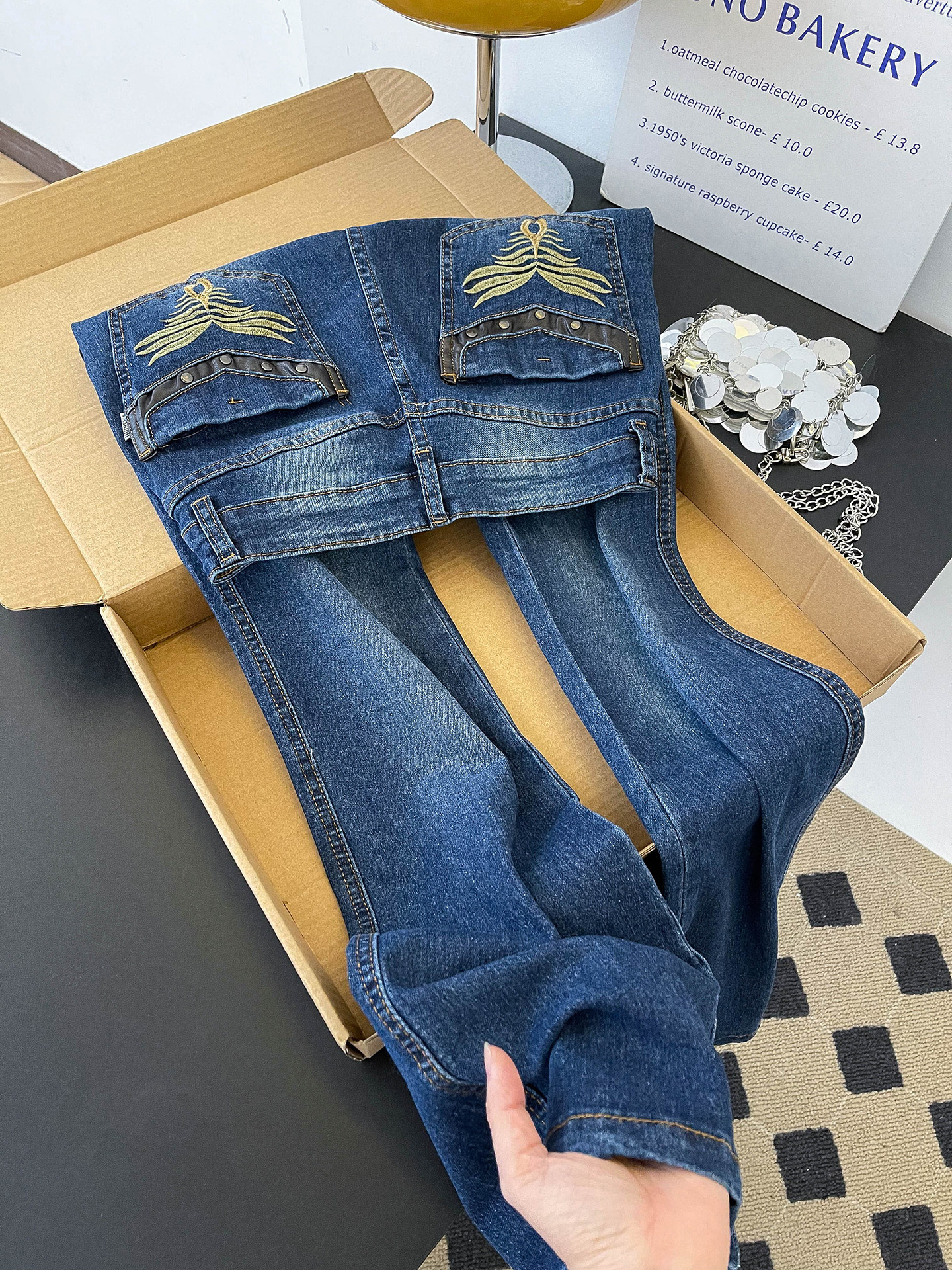 Women's Low Rise Straight Leg Jeans Embroidered Spicy Style Casual Trousers Spring Fashion With Pockets Slightly Flared Floor-Length_ecoleips.com