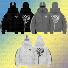 美式潮牌双帽悍匪设计连帽拉链开衫卫衣贴片亮片图案男女上衣