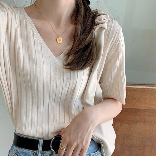 V-neck women's top  summer thin vertical stripe elegant simple pure color loose slimming knitted ice silk short-sleeved T-shirt