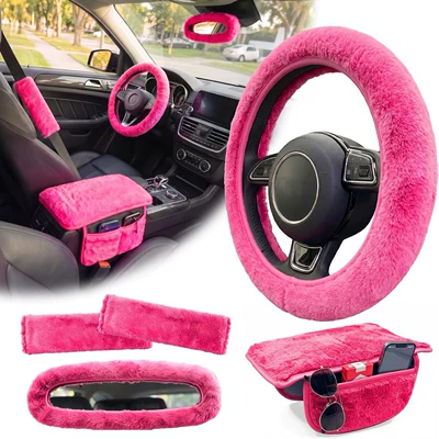 Cross-border plush steering wheel cover, seat belt cover, armrest box pad, car interior accessory set, winter warm and cute
