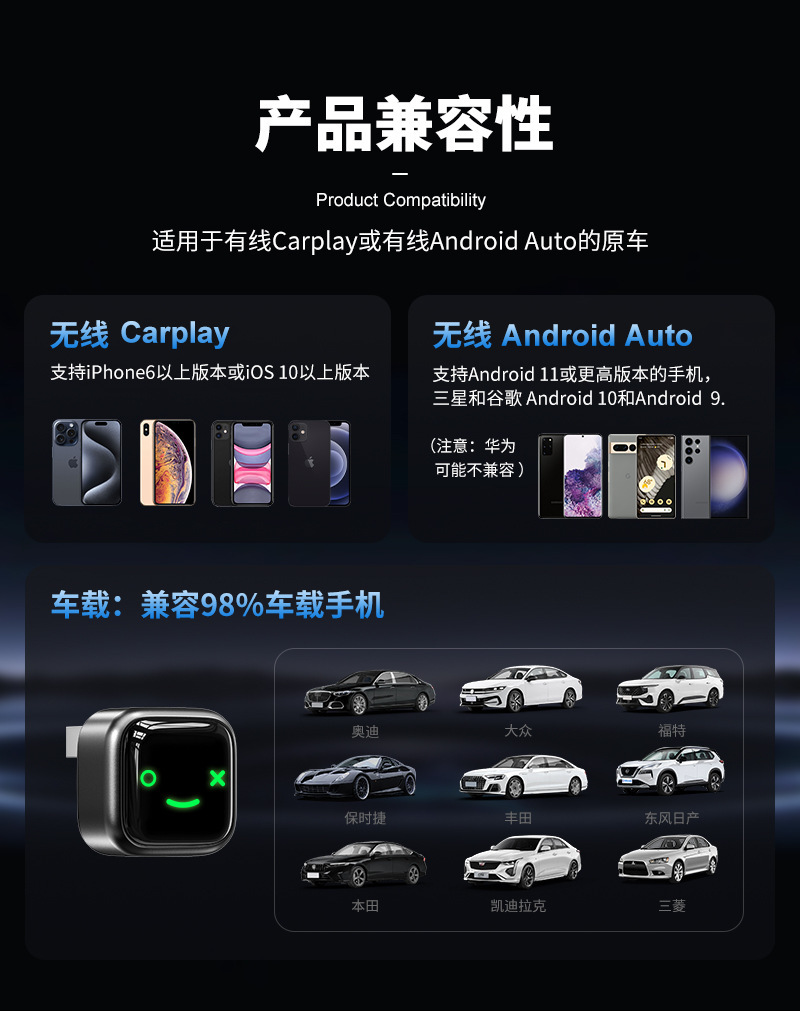 Cross-Border Factory Source: Portable 2-in-1 Wireless Carplay Smart Android Auto Box for Vehicle Connectivity
