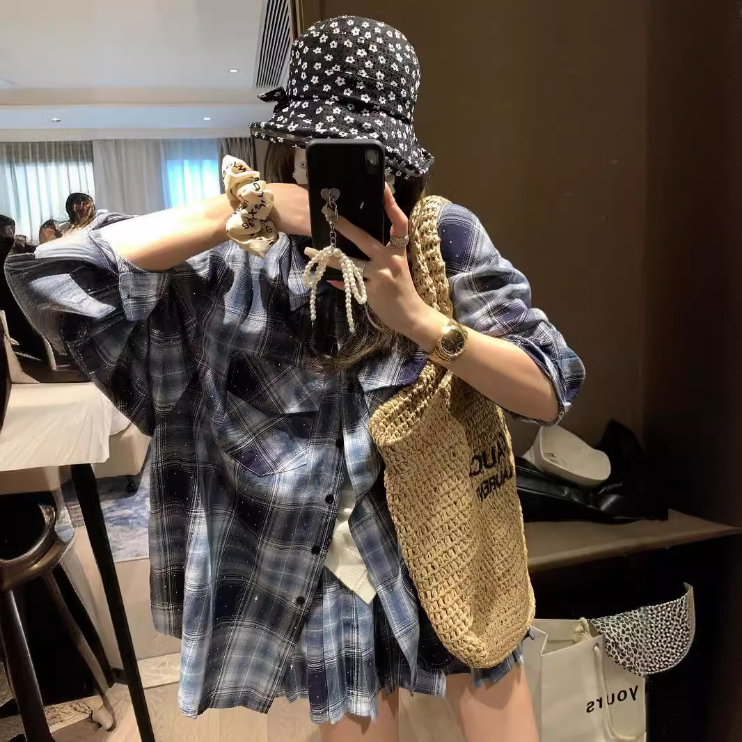 빈티지 체크 라인스톤 체크 셔츠 느슨한 여름 경량 선 스크린 긴팔 여성 의류 G828