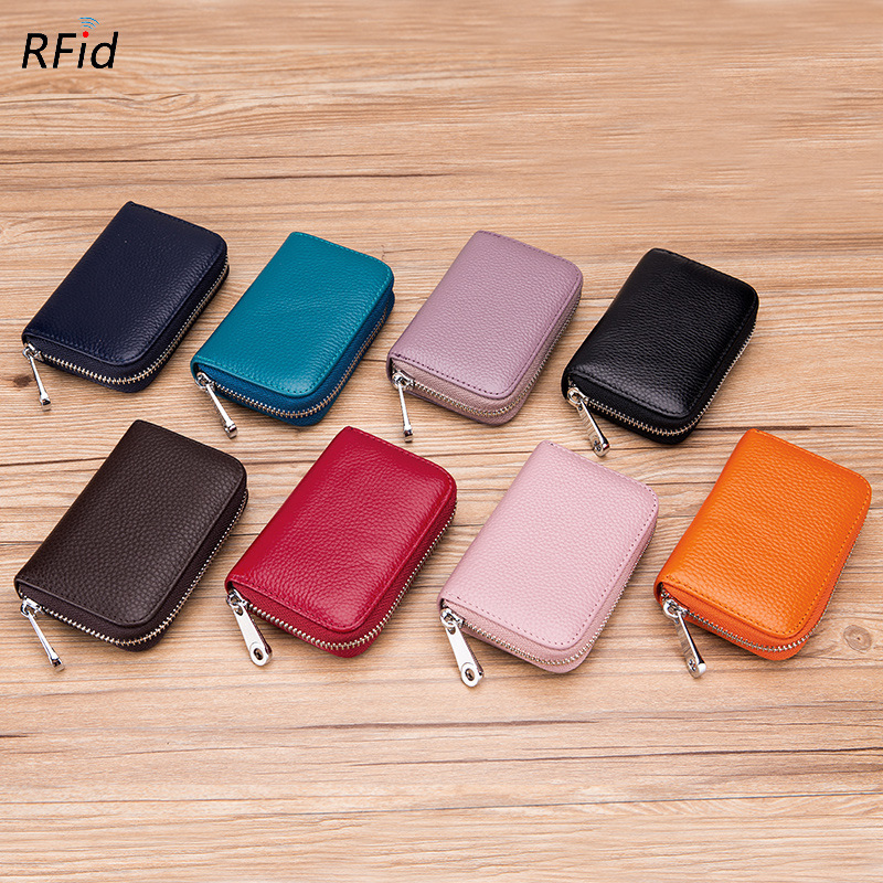 Amazon genuine leather accordion card bag zipper men's cowhide rfid card holder anti-theft swipe magnetic card holder for women
