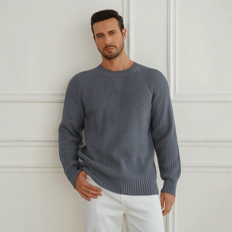 2026 Amazon Men's Simple Versatile Fashion Long Sleeve Solid Color Sweater Round Neck Loose Cool Style Top in Stock