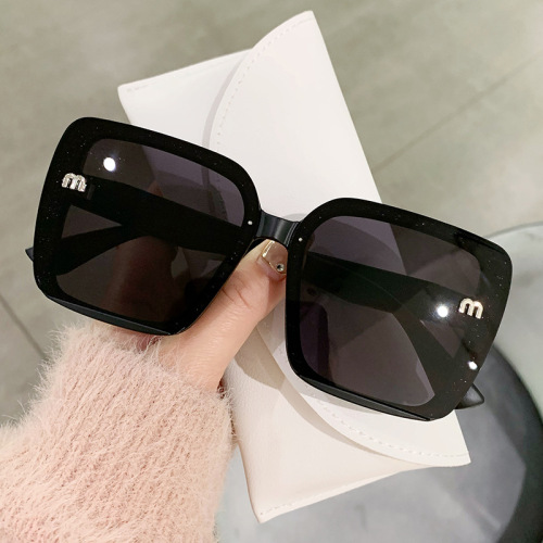 European and American new style square inlaid glitter pink gold frame anti-UV visor sunglasses for big face slimming sunglasses