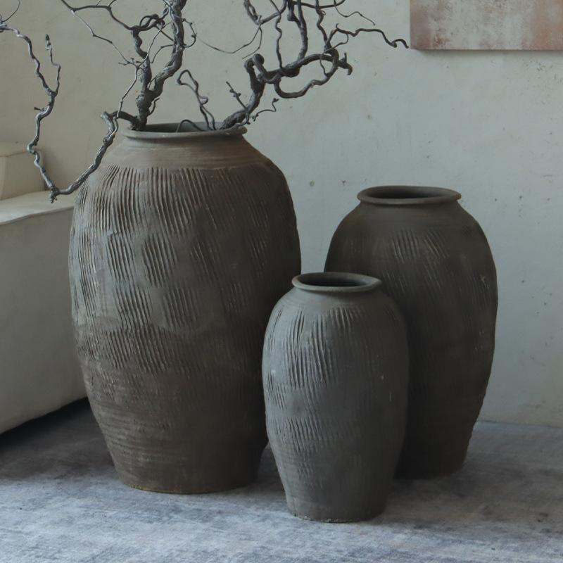 Vase Pottery Pot INS Natural Style Retro Pottery Pot Flower Pot Coarse Pottery Thin and High Floor Weng Bottle Grey New Style Design