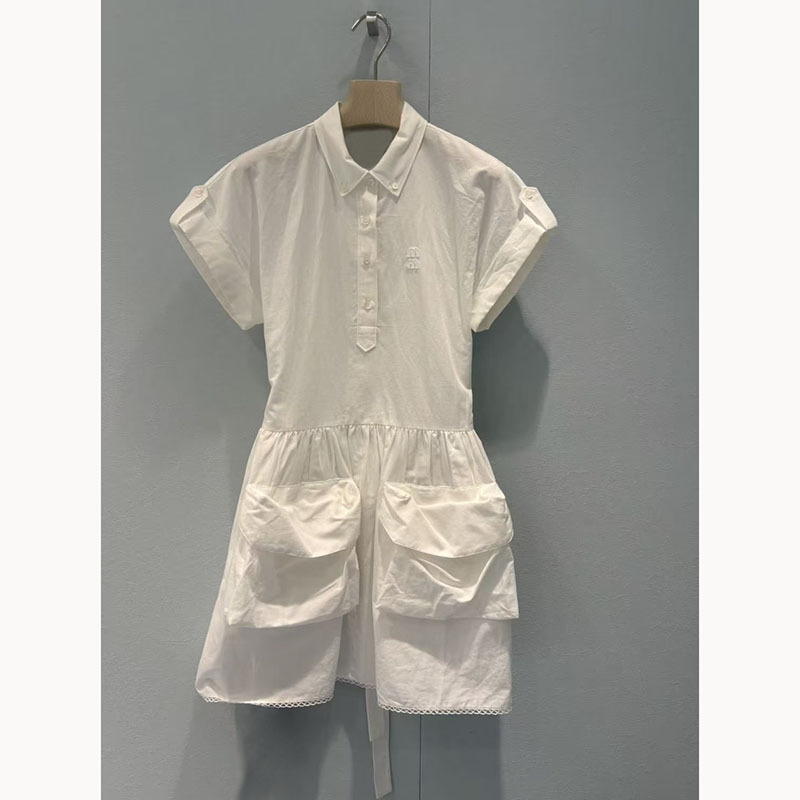 White cotton dress with tie-waist design, 26ss minimalist versatile large pocket short dress xy5230 with embroidery