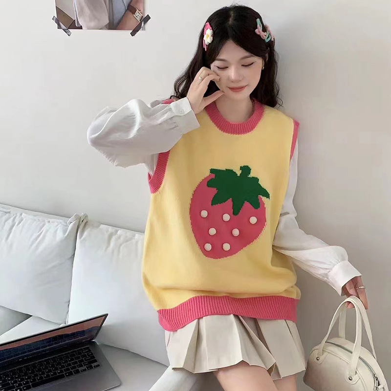 College Style Sweet and Cute Strawberry Knitted Vest for Women Autumn and Winter New Loose Lazy Sweater Vest Trendy