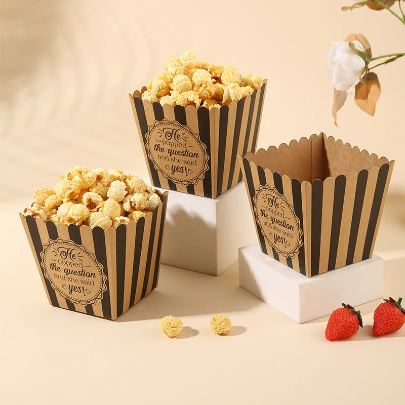 Оптовая продажа крафт-бумаги вертикальный полосатый попкорн коробка одноразовый попкорн