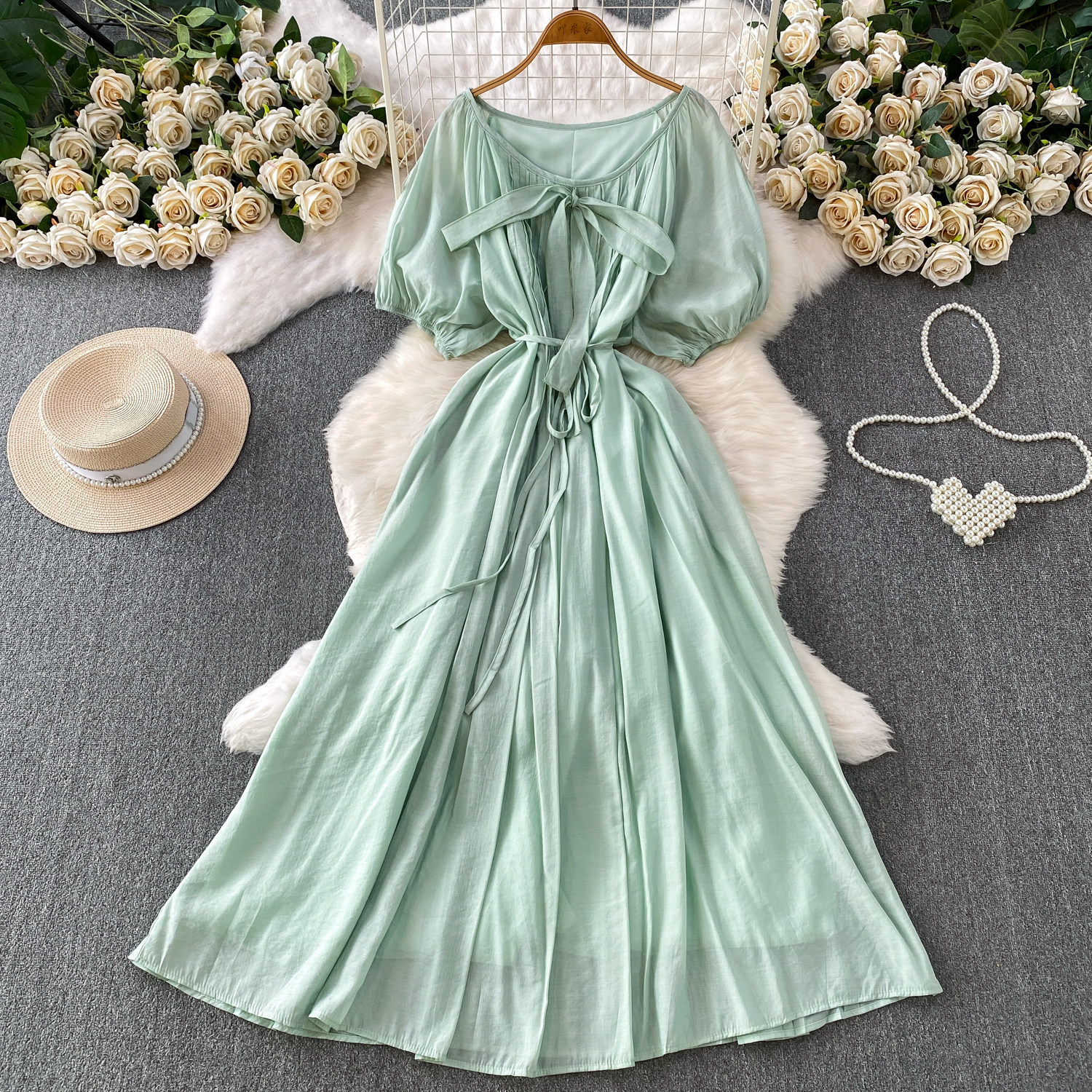 Women's French Style Tie Neck Puff Sleeve Dress Gentle Elegant Summer Casual Long Dress Simple Commuting Style_ecoleips.com