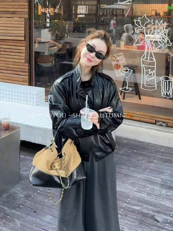 甜酷机车皮衣外套女欧洲站2025年秋季新款休闲立领双排扣夹克上衣|undefined