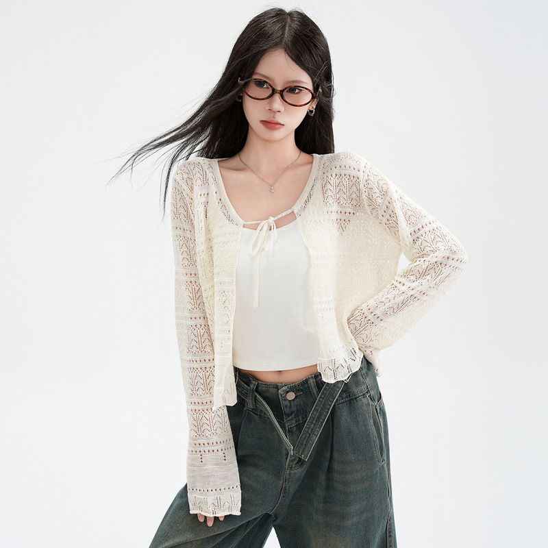 Jiyou Apricot Cut Out Linen Knitted Cardigan Women's Summer Thin Lace-Up Long-Sleeved Sun Protection Shawl Blouse Top
