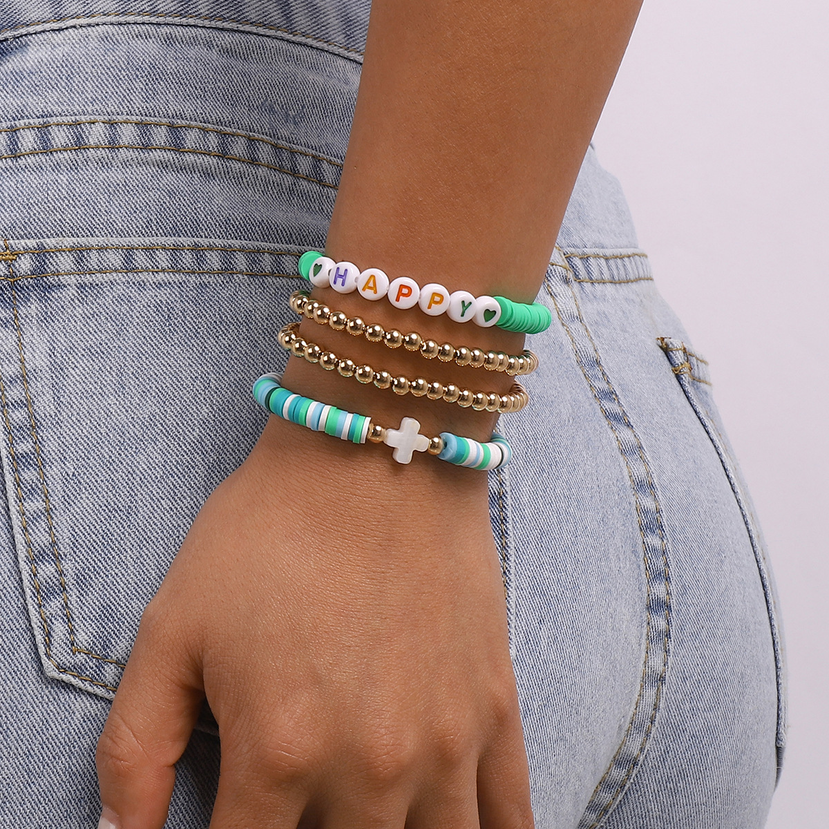 Conjunto De Pulsera De Aleación De Moda Bohemia Con Cuentas Cruz Letra Polímero Arcilla Para Llevar Vacaciones display picture 1