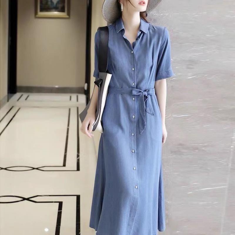 Fashionable Age-Reducing Waist-Cinching Comfortable Faux Tencel Thin 2025 Summer Mid-Length Denim Shirt Dress