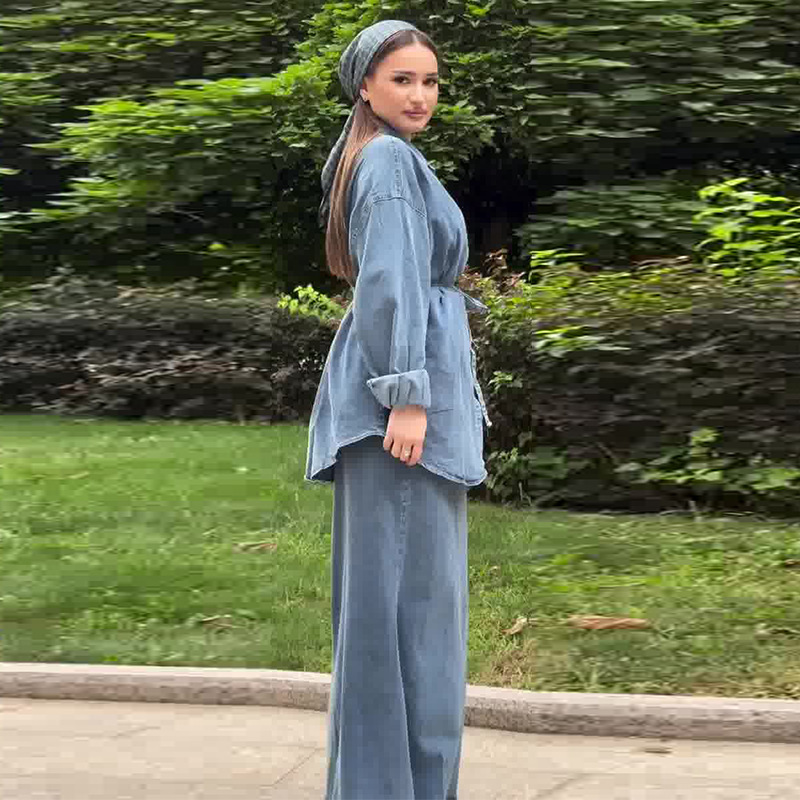 Women's Stylish Long Sleeve Polo Collar Denim Dress with Belt Comfortable Casual Office Wear_ecoleips.com