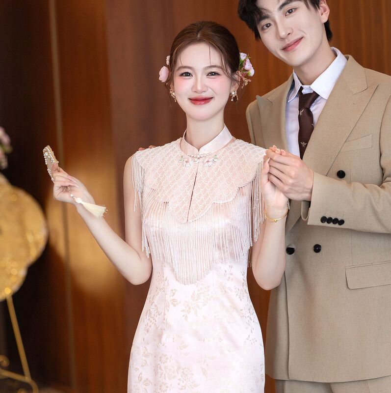 Evening Dress Qipao Elegant Pink Engagement Qipao 2026 New Style Chinese Style Dress Bride Wedding Toast Dress Set