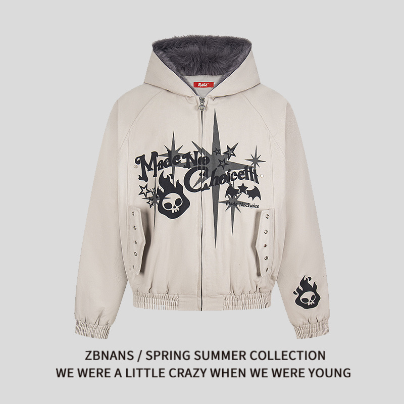 American Retro Style Skull and Eagle Print Plush Hooded Jacket for Men and Women, Autumn and Winter Warm Design with Zipper Cotton Coat American Retro Style Skull and Eagle Print Plush Hooded Jacket for Men and Women, Autumn and Winter Warm Design with Zipper Cotton Coat