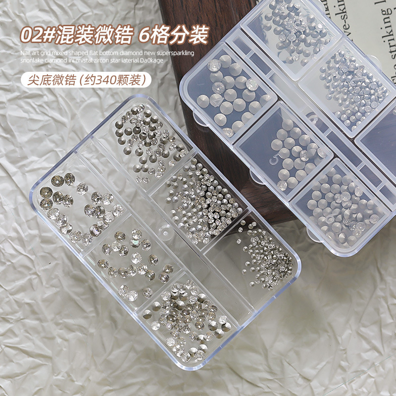 Celebridades de Internet de lujo ligero 5A joyería de uñas de alta calidad de alta transparencia plata y blanco chapado en el fondo circonita de punta redonda caja de subensamblaje de 6 compartimientos uñas DIY