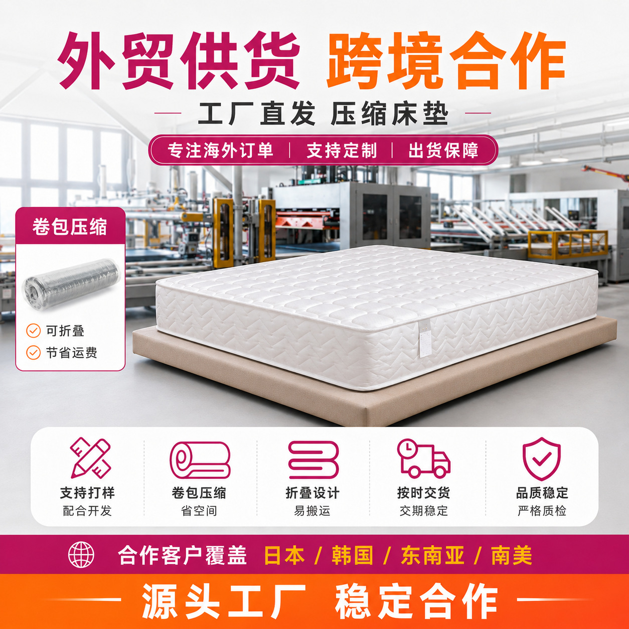 Foreign trade cross-border spring mattress King Queen independent pocket spring roll-up foldable OEM ODM wholesale customization
