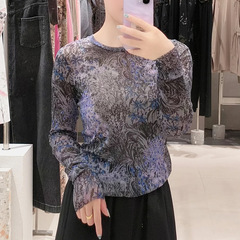 现货 江南系女装2025秋季新款修身独特印花打底网纱T恤皮肤衣上衣