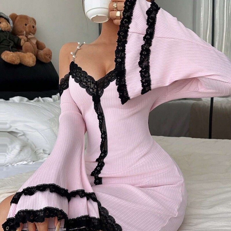 Cross-Border European and American Popular Lace Pearl Camisole Nightgown V-Neck Loungewear Sexy Backless Bell Sleeves