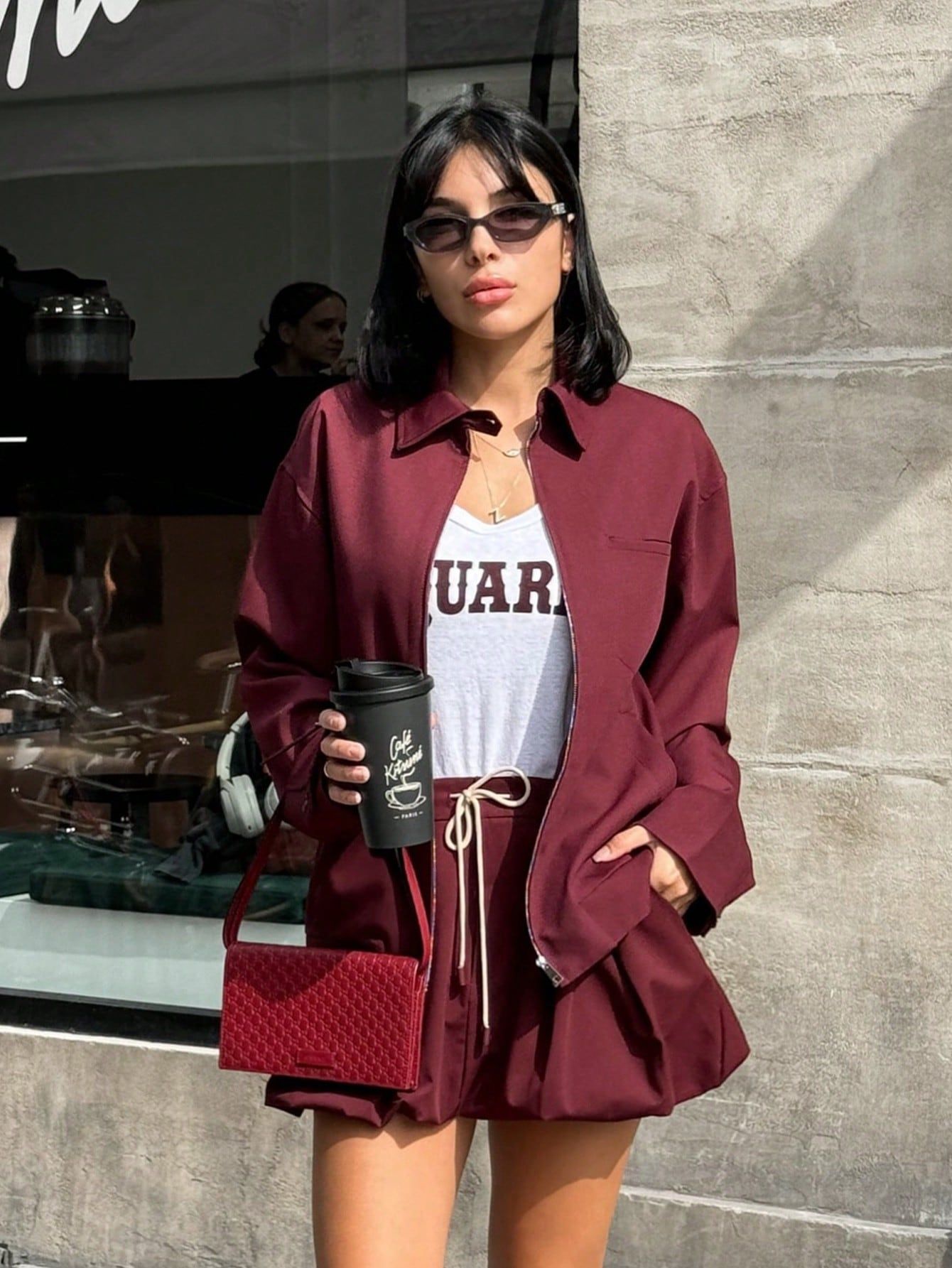 Polyester Fabric Type Holiday Daily Wine Red Women's Streetwear Solid Color Polyester Skirt Co-ord Set Skirt Sets