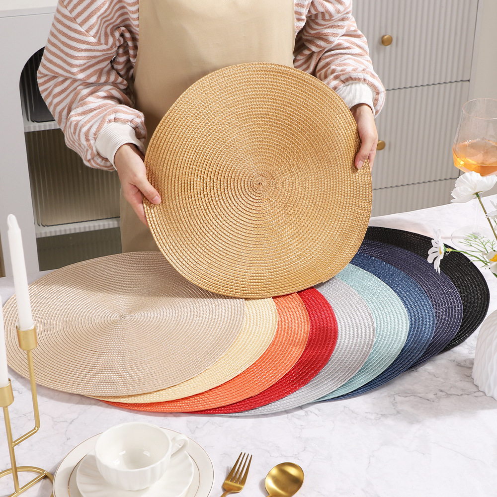 PP almohadilla de comedor tejida a mano ecológica almohadilla de aislamiento térmico europea y americana almohadilla de decoración de color sólido explosión multicolor almohadilla de mesa opcional