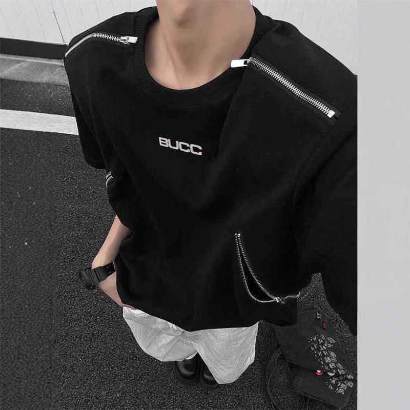 2026 Deconstructed Zipper Short-Sleeve T-Shirt for Men, Heavyweight Half-Sleeve Tee, American High Street Fashion Brand, Cool and Stylish Loose Fit, Five-Quarter Sleeve