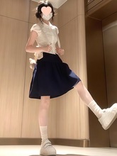 藏青色半身裙女2025夏季新款高腰复古五分伞裙学院风显瘦短裙半裙