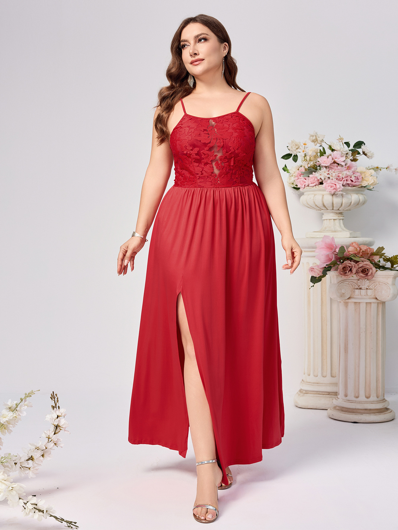 Transfronterizo europeo y americano color sólido rojo sexy vestido de falda larga vestido de noche de mujer