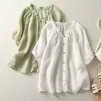 Рубашка женская хлопок‑лен, короткий рукав, plus‑size, застёжка на пуговицы