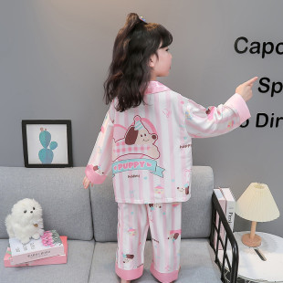 Girls' Ice Silk Pajamas Summer Thin Girls' Baby Long Sleeve Silk Air-conditioning Clothes Spring and Autumn Children's Home Clothes suit