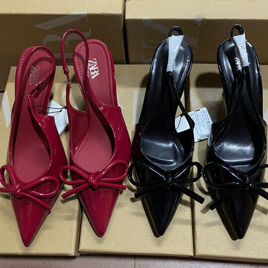 Za New High Heels Autumn and Winter 2024 French Red Painted Bow Decoration Fashion Shallow Sandals for Women Commuter Women