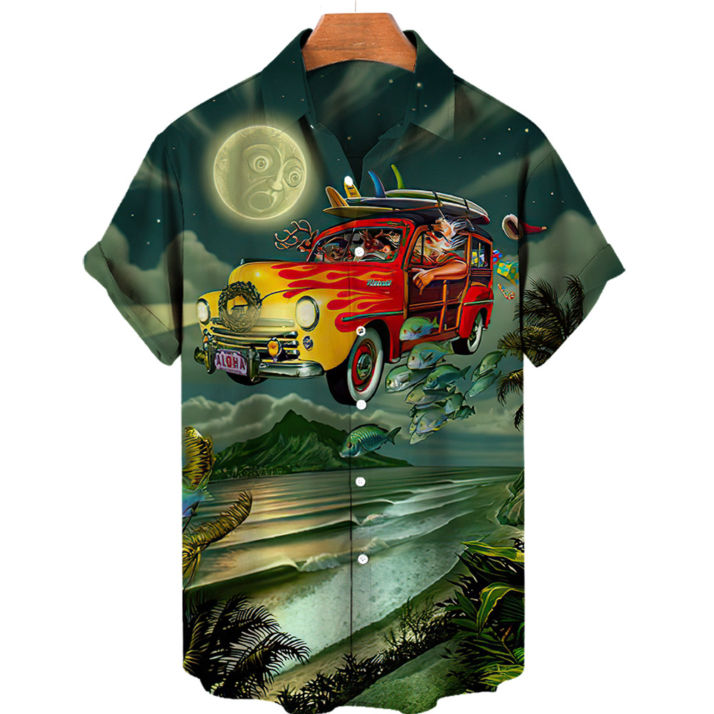 Summer Season Wholesale Men's Vacation Cartoon Landscape Short Sleeve Printing Men's Tops