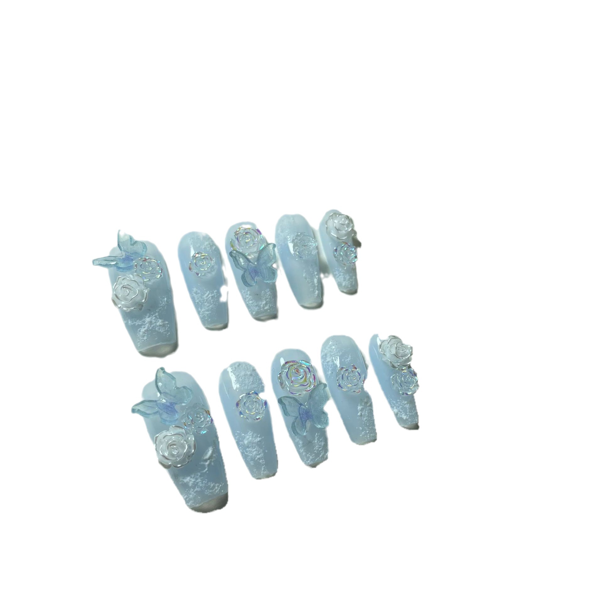 [Elefante hermano manicura fábrica] desgaste hecho a mano uñas azul puro deseo mariposa amor flor yeso manicura producto terminado B118