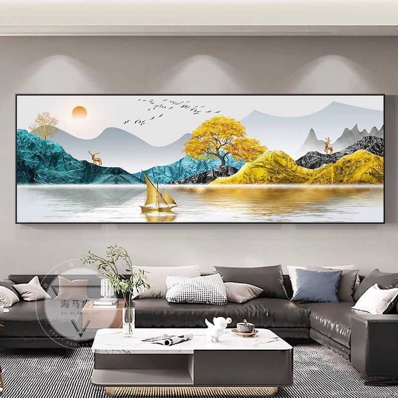 流水生財客間装飾画新中国式ソファー背景壁掛け画迎客松禅意茶室山水壁画|undefined