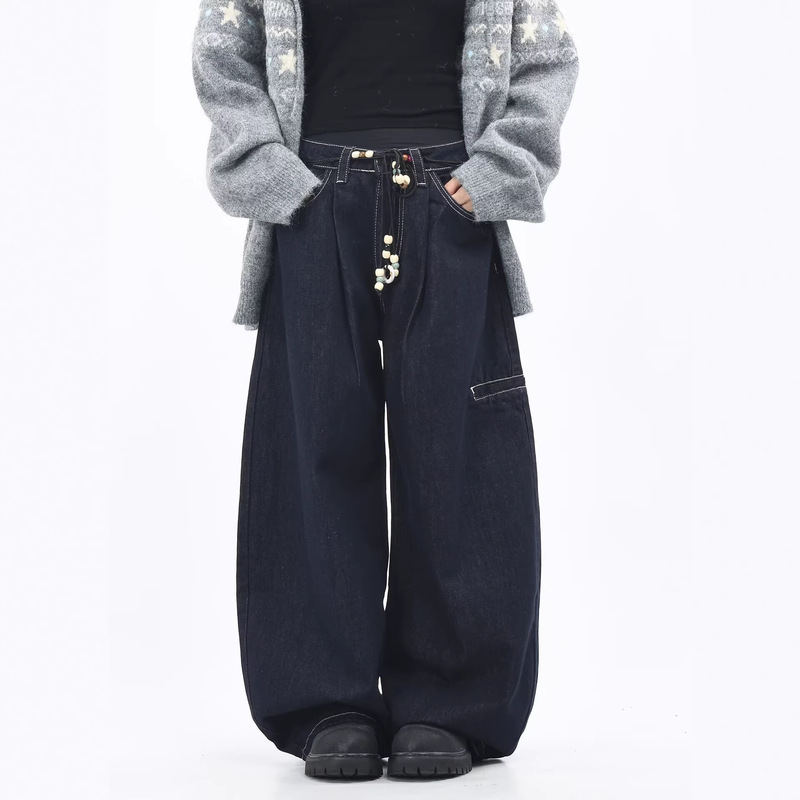 Dark Blue Straight Loose Wide-Leg Jeans with American Ethnic Style Beaded Waist Chain Casual Pants Trendy Brand for Men