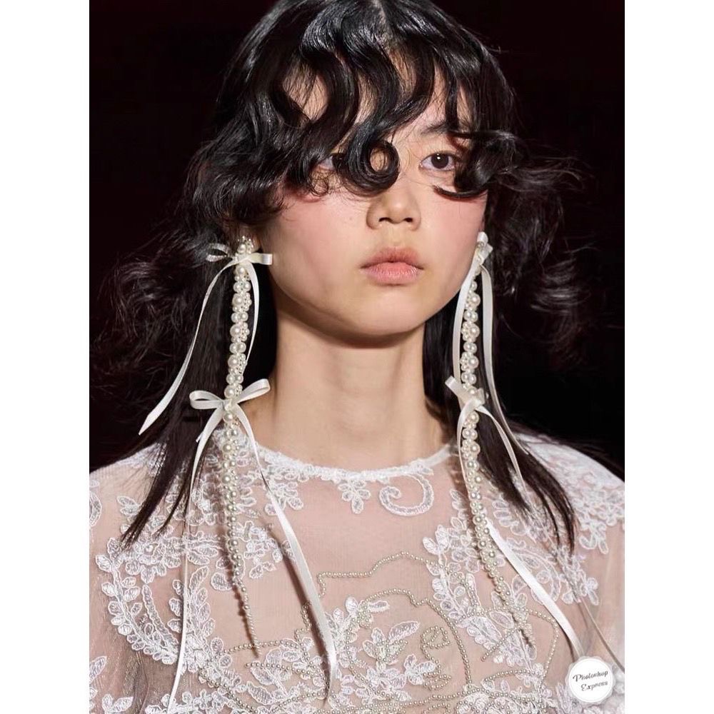 双层缎带法式手工流苏耳环手作珍珠水晶串珠仙女芭蕾显脸小耳饰潮