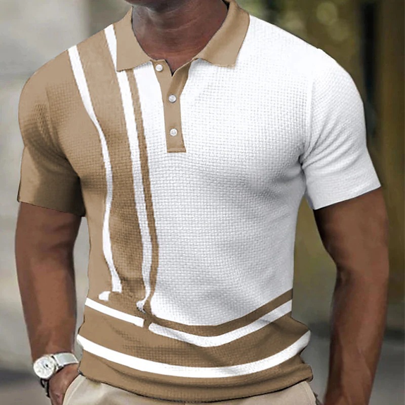 Summer New Men's Polo Shirt Short Sleeved Color Block Stripe Button Waffle Pattern T-Shirt_voghion.com