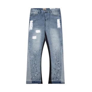 2024 American Fashion Brand Ripped Stitching Gradient Spray Paint Jeans Men's High Street Wide-leg Micro-pants Cross-border