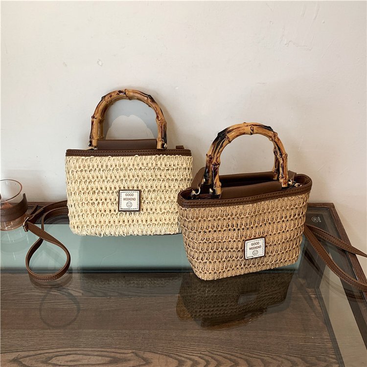 Customized Beach Bags Exclusively for Cross-Border Sales, French-Style Straw Bags with Bamboo Handles, Custom-Made Wholesale Handbags and Crossbody Bags, Can Be Printed with Logos